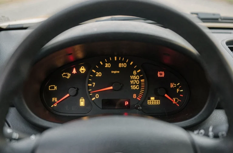 Tableau de bord d'une Peugeot 206 avec plusieurs voyants d'alerte allumés en orange et rouge